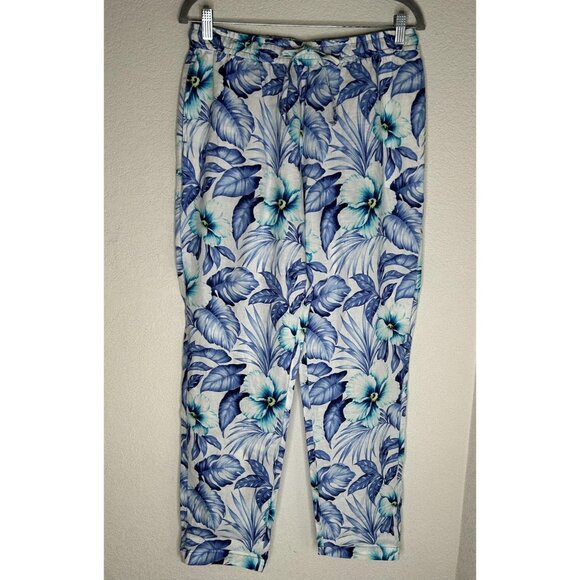 Tommy Bahama Pants Womens Small Blue Floral Linen Pull On Lounge Beach Resort - Picture 1 of 14